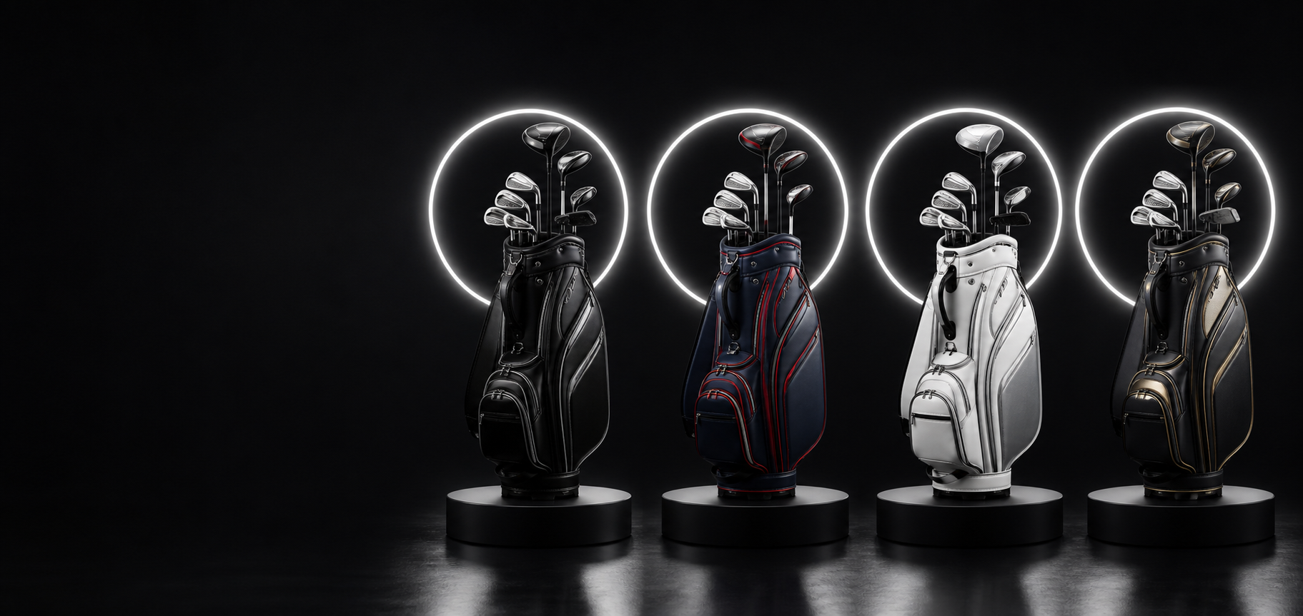 Four golf package sets on podiums with ring-light halos